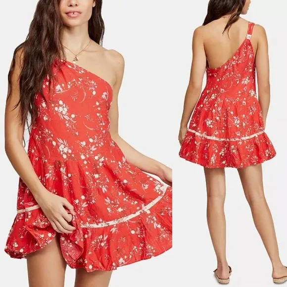 Free People All Mine One-Shoulder Mini Dress | Cherry Combo | Size L - Picture 1 of 11